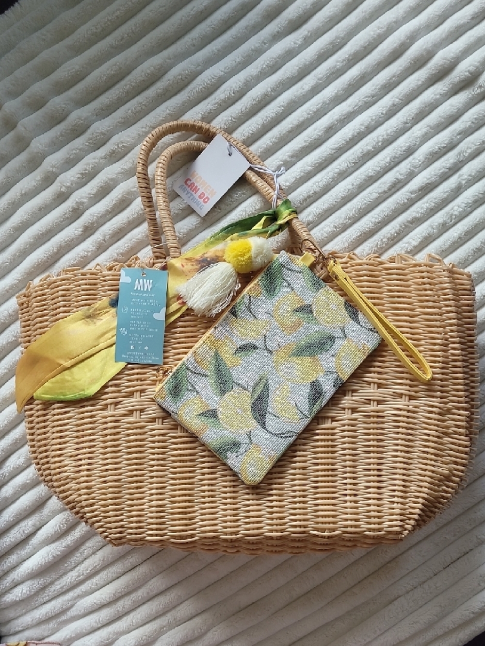 Most Wanted USA Woven Plastic Straw Tote Bag with Yellow Accent Scarf and Pouch